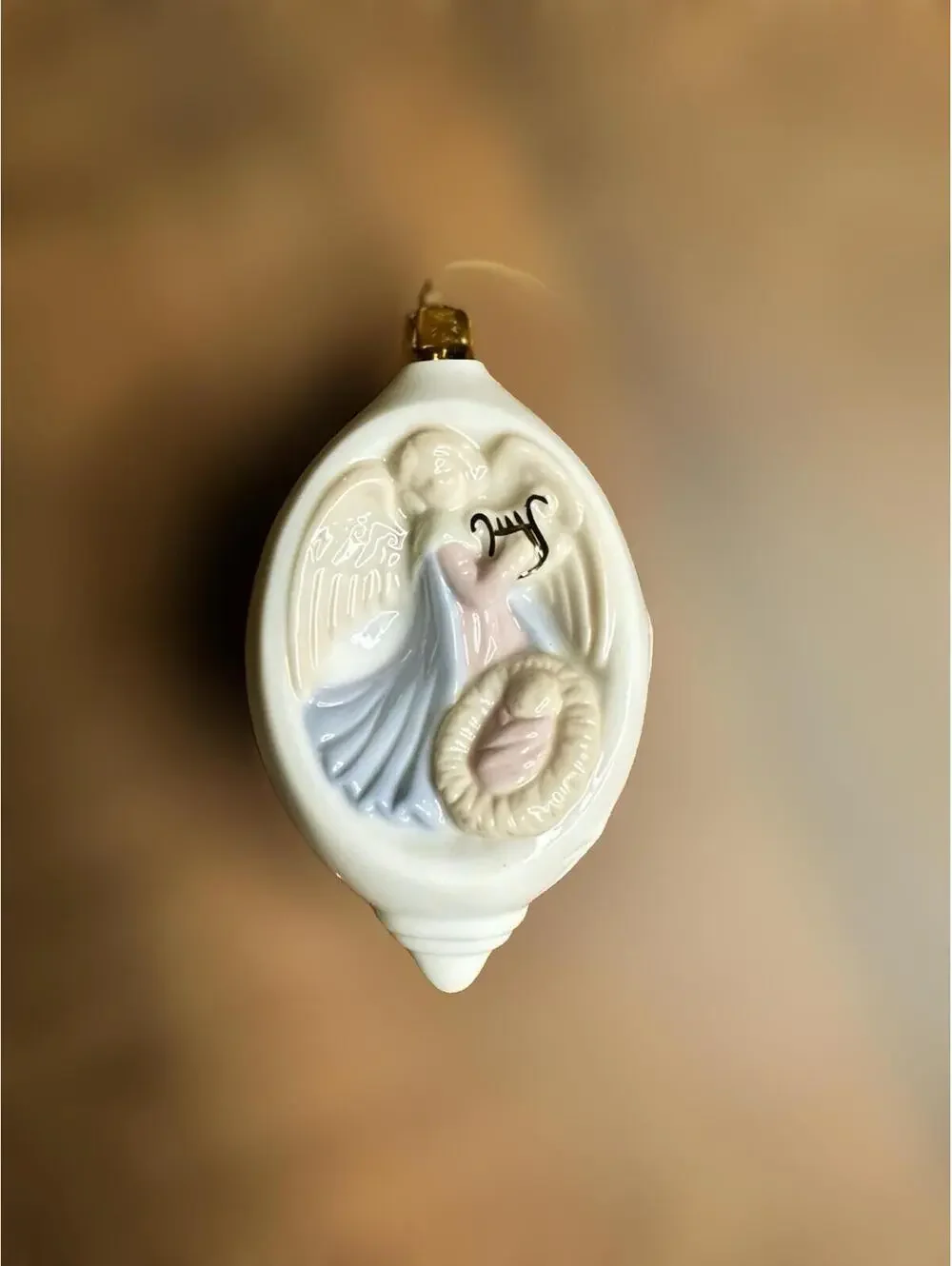 Vintage Russ Porcelain Angel Christmas Ornament with Harp and Wreath